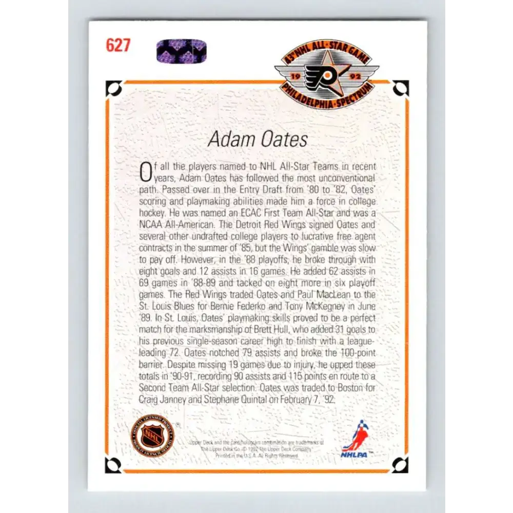 1991-92 Upper Deck #627 Adam Oates NM-MT St. Louis Blues Hockey Card - Hockey Card Single