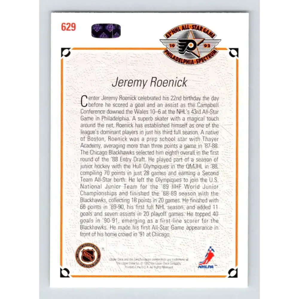 1991-92 Upper Deck #629 Jeremy Roenick AS NM-MT Chicago Blackhawks Hockey Card - Hockey Card Single