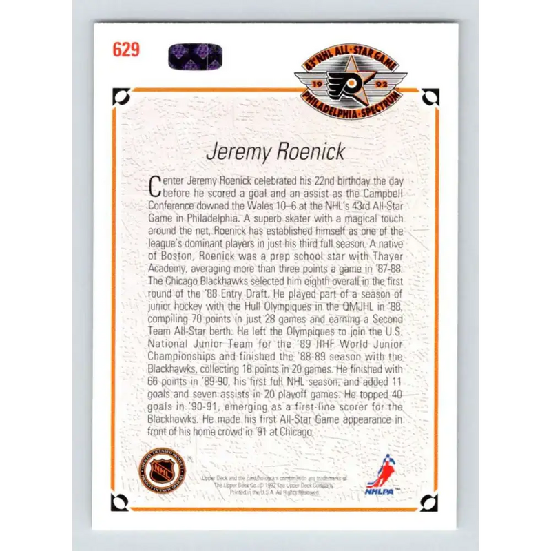 1991-92 Upper Deck #629 Jeremy Roenick AS NM-MT Chicago Blackhawks Hockey Card - Hockey Card Single