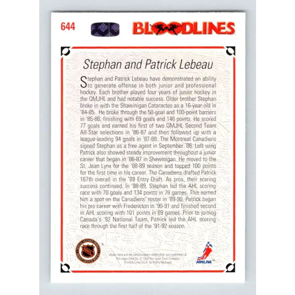 1991-92 Upper Deck #644 Patrick/Stephan Lebeau NM-MT Montreal Canadiens Hockey Card - Hockey Card Single
