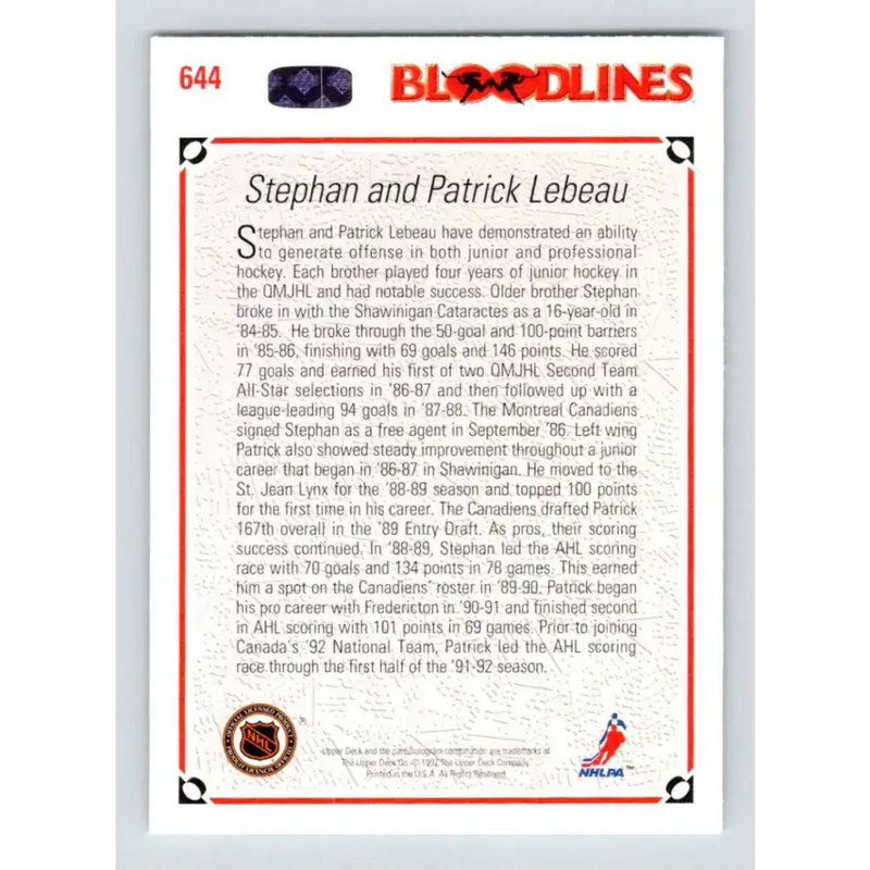 1991-92 Upper Deck #644 Patrick/Stephan Lebeau NM-MT Montreal Canadiens Hockey Card - Hockey Card Single