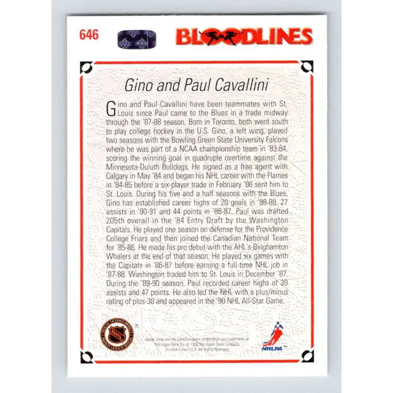 1991-92 Upper Deck #646 Paul Cavallini/Gino Cavallini NM-MT St. Louis Blues Hockey Card - Hockey Card Single