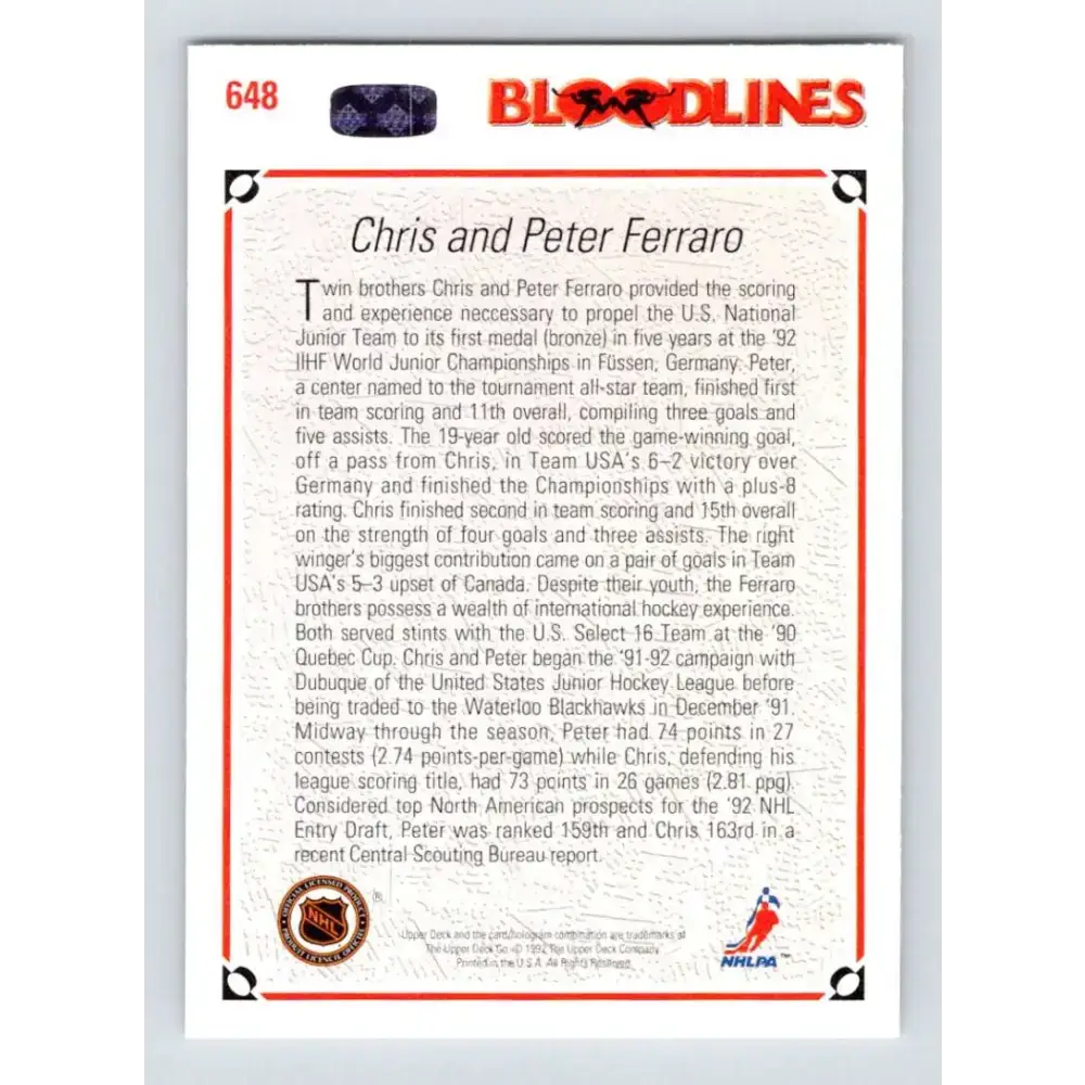 1991-92 Upper Deck #648 Peter Ferraro/Chris Ferraro NM-MT Hockey Card - Hockey Card Single
