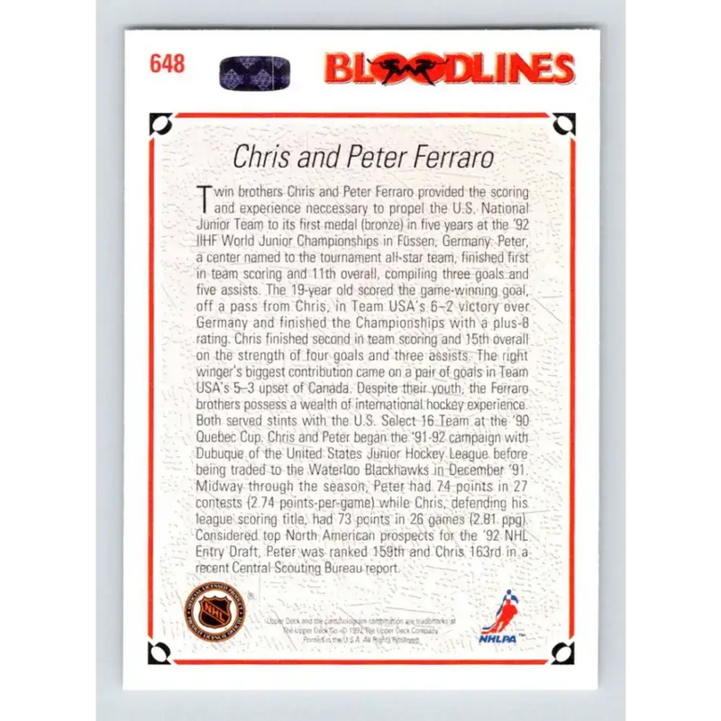 1991-92 Upper Deck #648 Peter Ferraro/Chris Ferraro NM-MT Hockey Card - Hockey Card Single