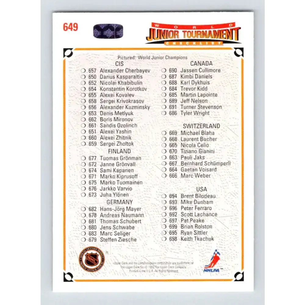 1991-92 Upper Deck #649 World Junior CCCP Team NM-MT Hockey Card - Hockey Card Single