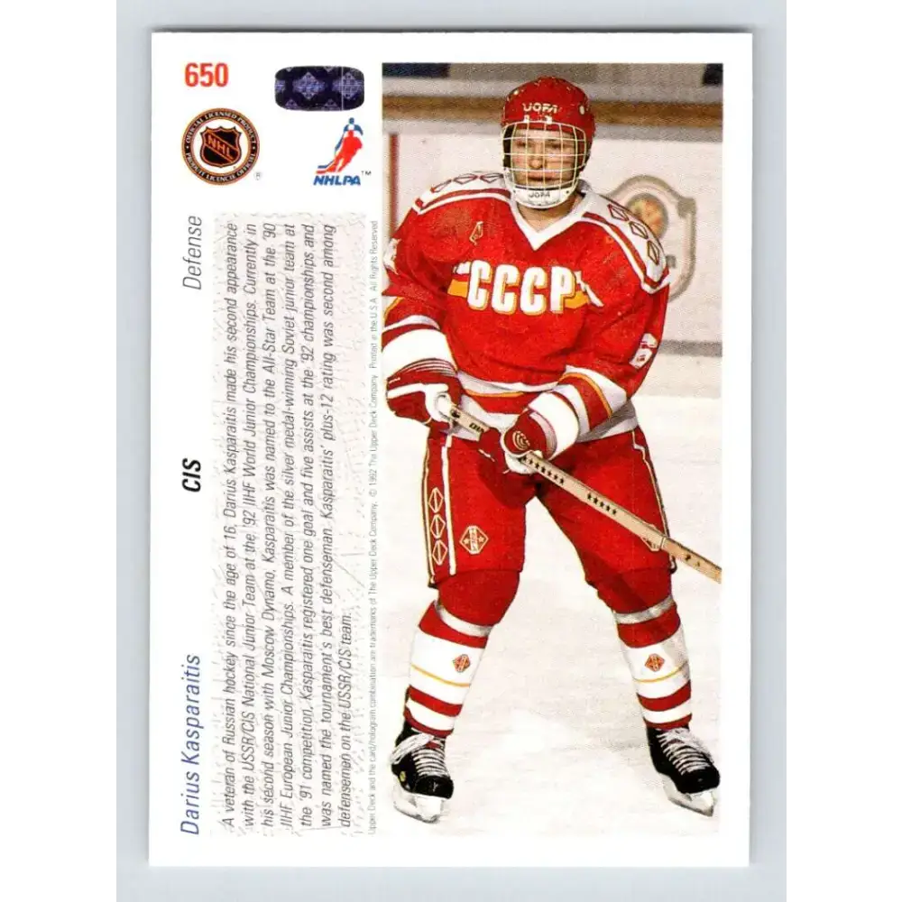 1991-92 Upper Deck #650 Darius Kasparaitis NM-MT RC Rookie Hockey Card - Hockey Card Single