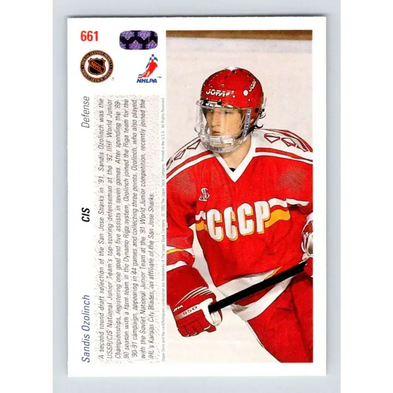 1991-92 Upper Deck #661 Sandis Ozolinsh NM-MT RC Rookie Hockey Card - Hockey Card Single