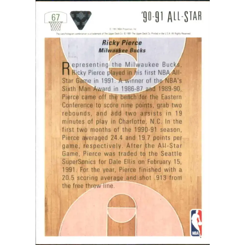 1991-92 Upper Deck #67 Ricky Pierce AS NM-MT Seattle SuperSonics Basketball Card - Basketball Card Single