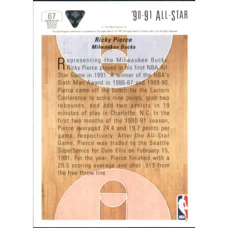 1991-92 Upper Deck #67 Ricky Pierce AS NM-MT Seattle SuperSonics Basketball Card - Basketball Card Single