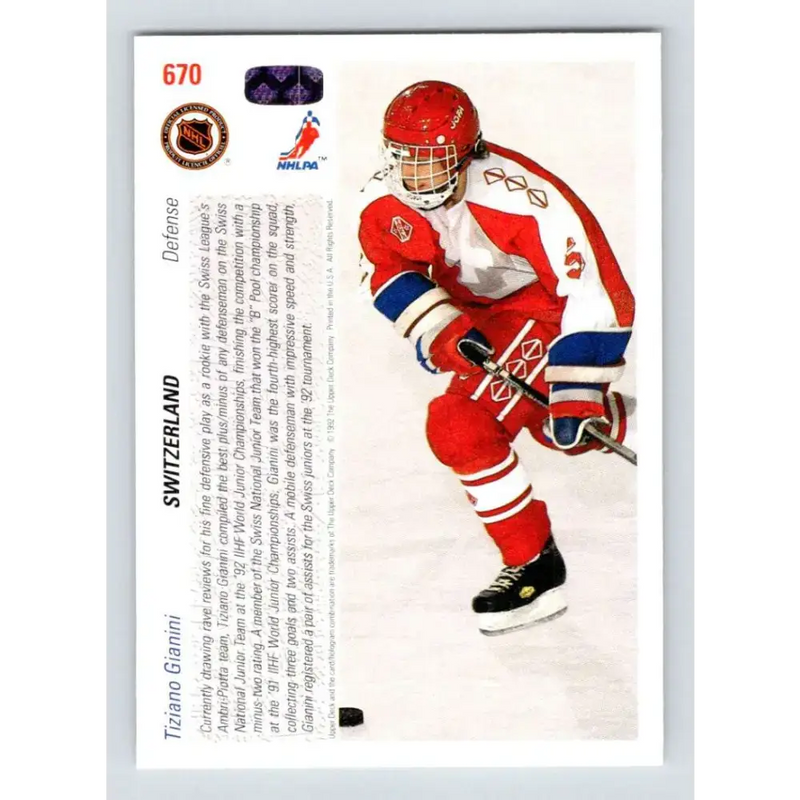 1991-92 Upper Deck #670 Tiziano Gianini NM-MT RC Rookie Hockey Card - Hockey Card Single