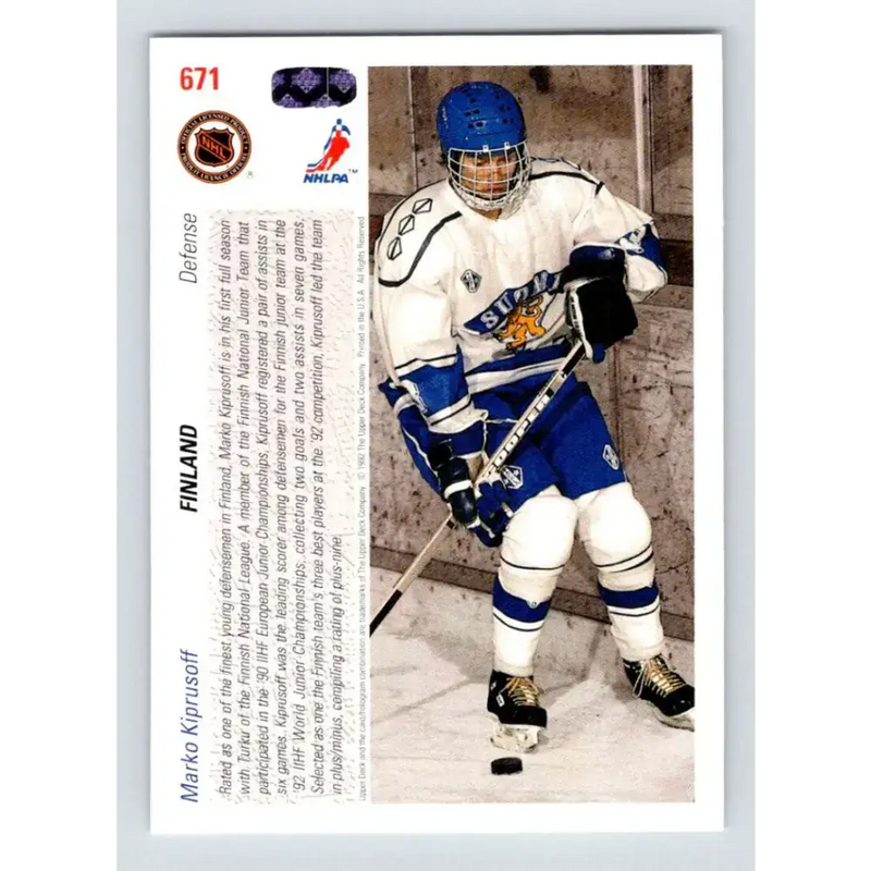 1991-92 Upper Deck #671 Marko Kiprusoff NM-MT RC Rookie Hockey Card - Hockey Card Single