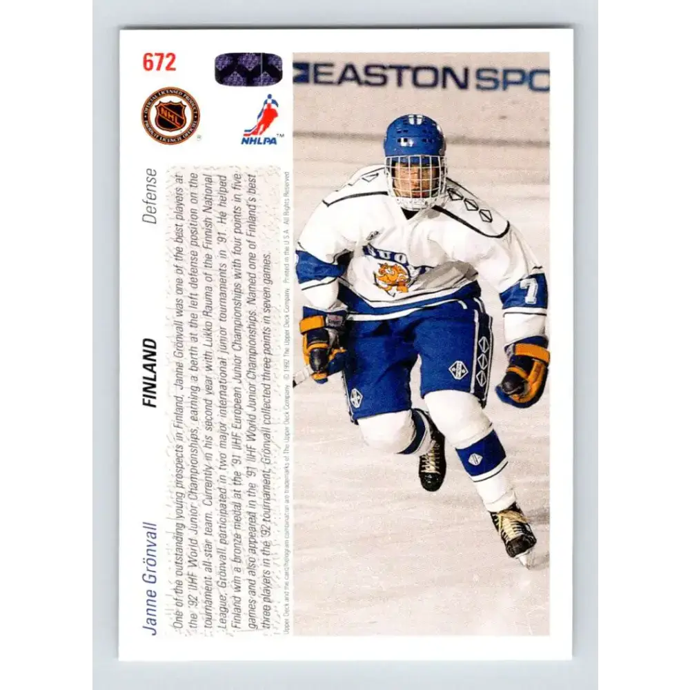 1991-92 Upper Deck #672 Janne Gronvall NM-MT RC Rookie Hockey Card - Hockey Card Single
