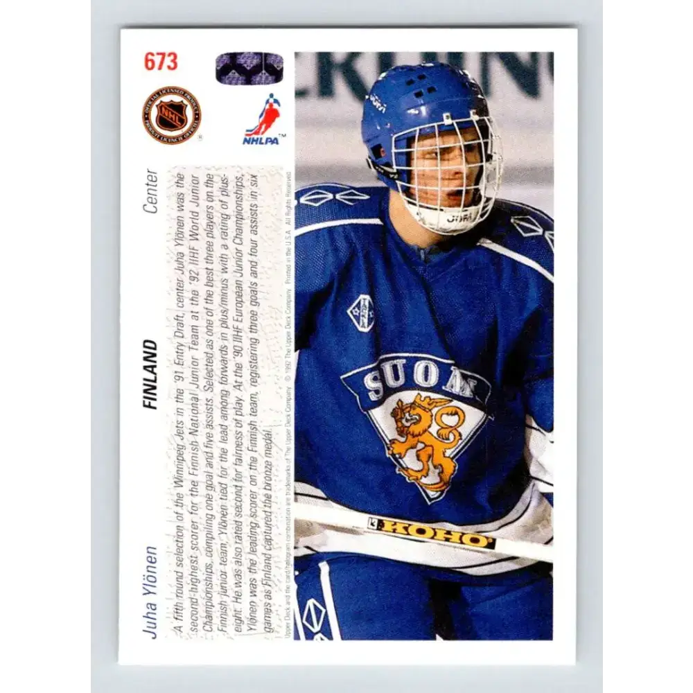 1991-92 Upper Deck #673 Juha Ylonen NM-MT RC Rookie Hockey Card - Hockey Card Single