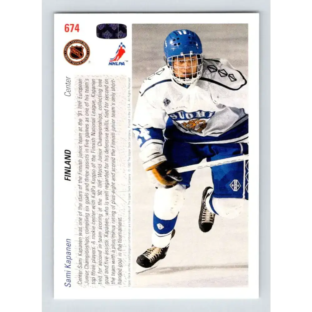 1991-92 Upper Deck #674 Sami Kapanen NM-MT RC Rookie Hockey Card