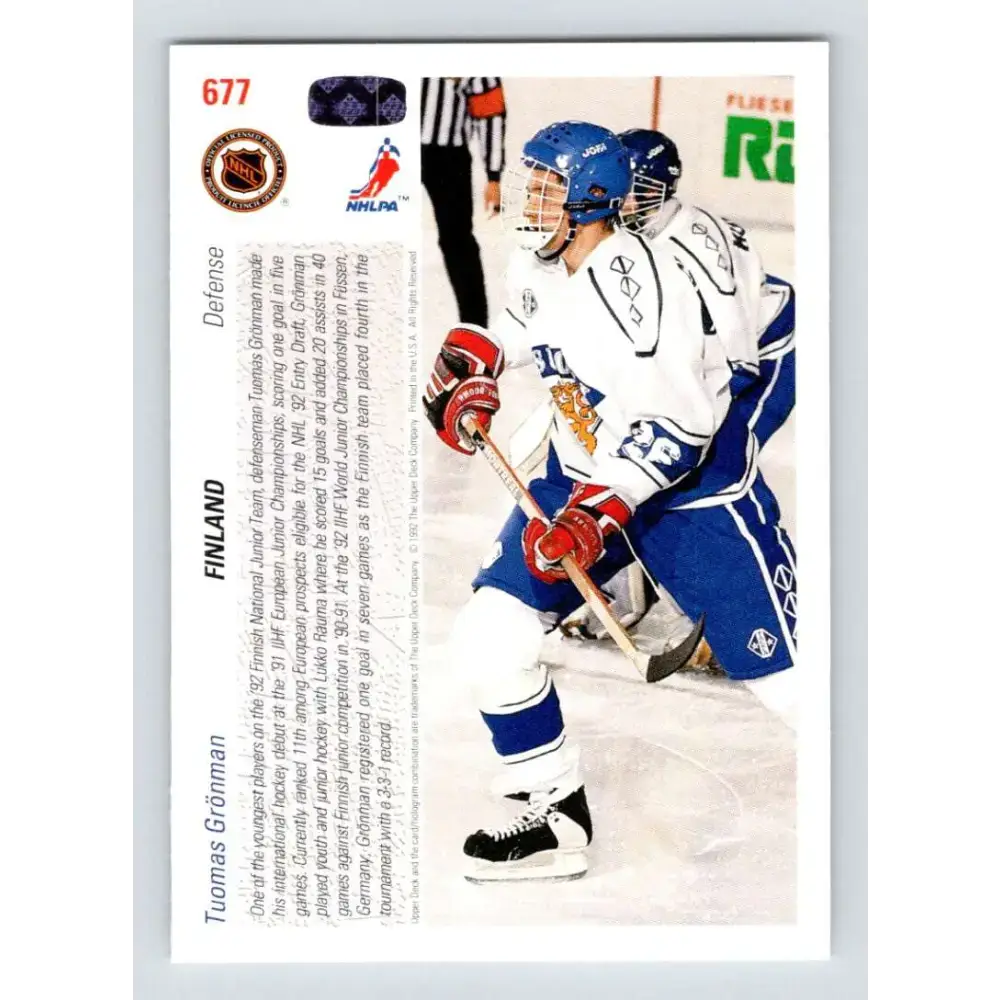 1991-92 Upper Deck #677 Tomas Gronman NM-MT RC Rookie Hockey Card - Hockey Card Single