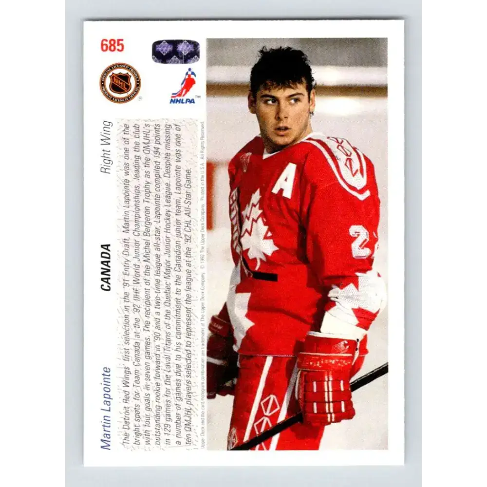 1991-92 Upper Deck #685 Martin Lapointe NM-MT RC Rookie Detroit Red Wings Hockey Card - Hockey Card Single