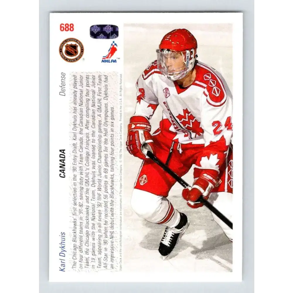 1991-92 Upper Deck #688 Karl Dykhuis NM-MT RC Rookie Chicago Blackhawks Hockey Card - Hockey Card Single