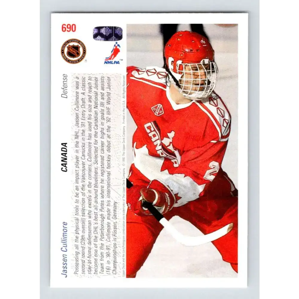1991-92 Upper Deck #690 Jassen Cullimore NM-MT RC Rookie Hockey Card - Hockey Card Single