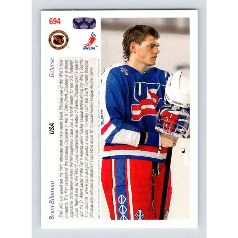 1991-92 Upper Deck #694 Brent Bilodeau NM-MT RC Rookie Hockey Card - Hockey Card Single