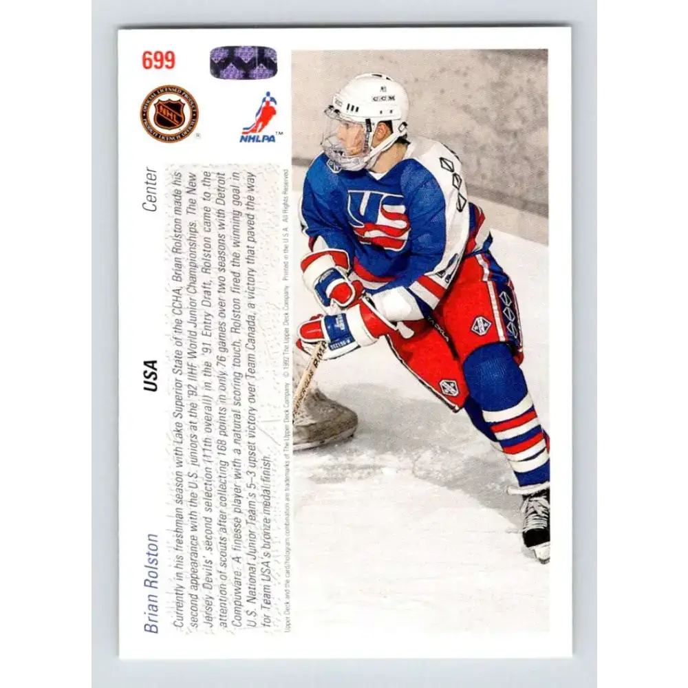 1991-92 Upper Deck #699 Brian Rolston NM-MT RC Rookie Hockey Card - Hockey Card Single