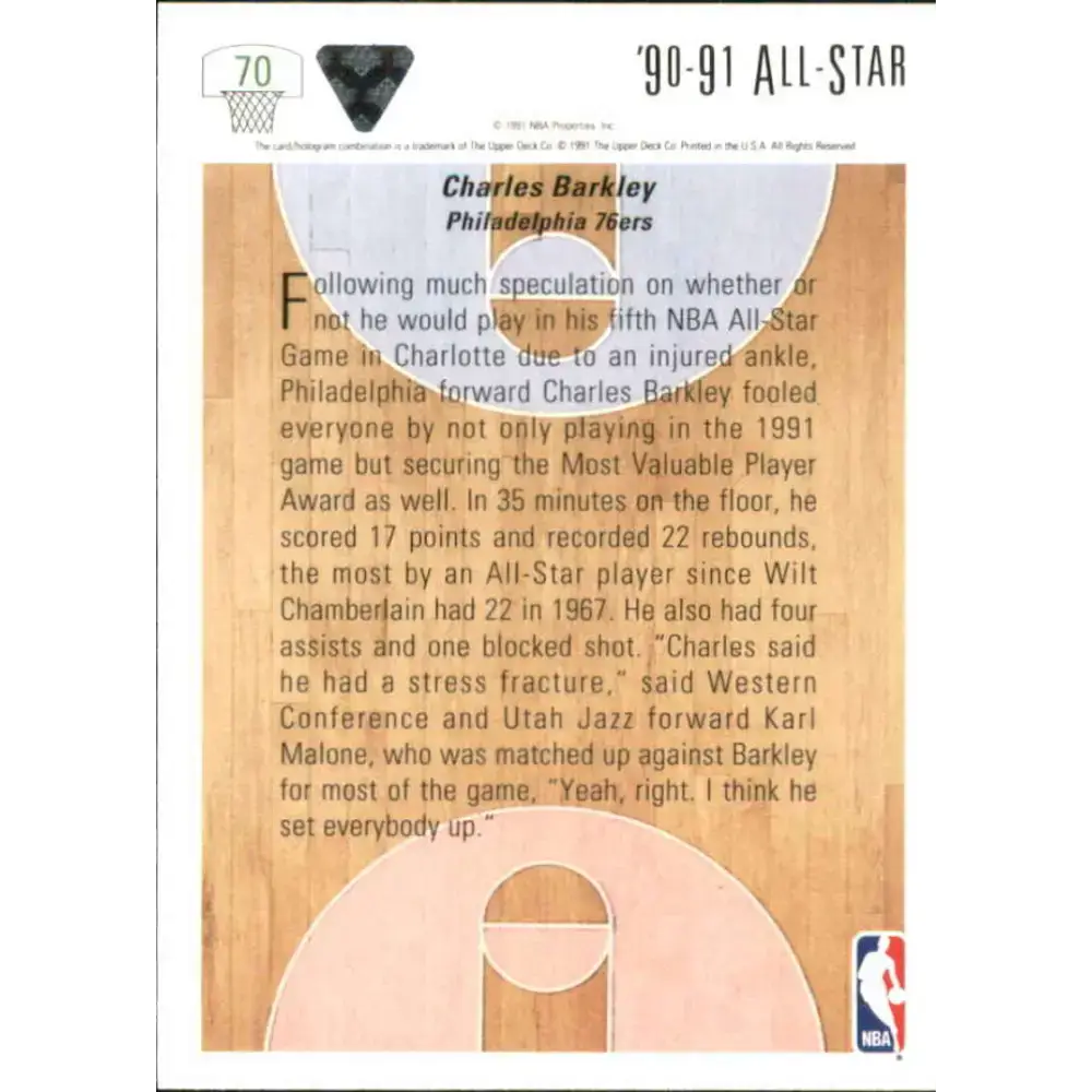 1991-92 Upper Deck #70 Charles Barkley AS NM-MT Philadelphia 76ers Basketball Card - Basketball Card Single