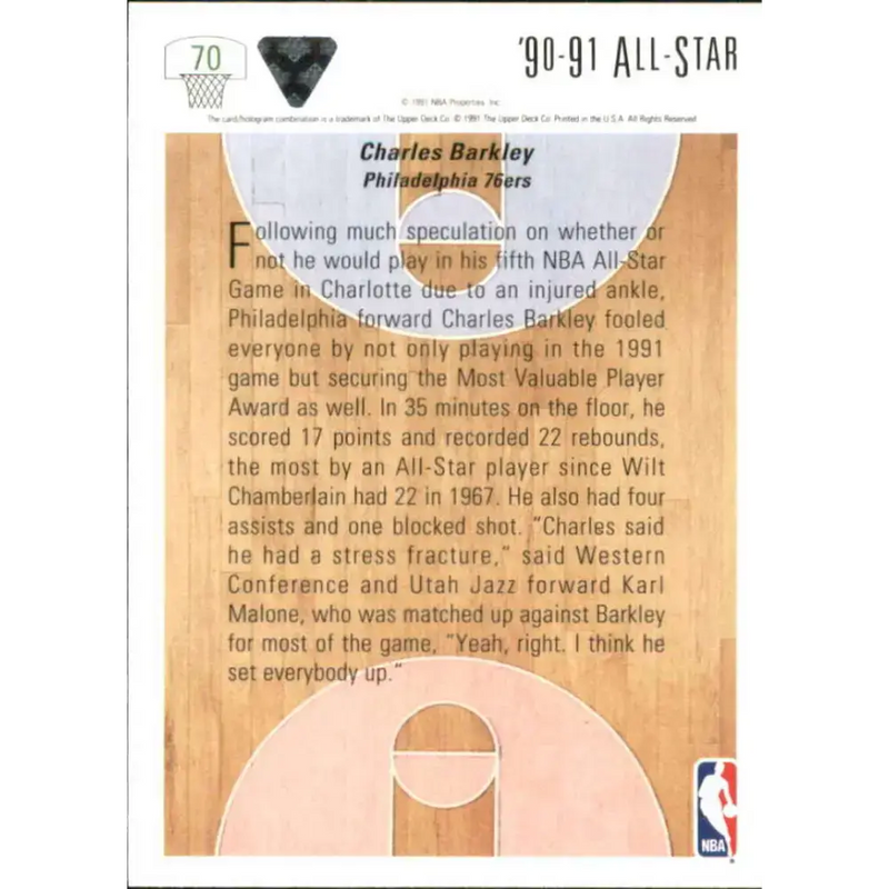 1991-92 Upper Deck #70 Charles Barkley AS NM-MT Philadelphia 76ers Basketball Card - Basketball Card Single