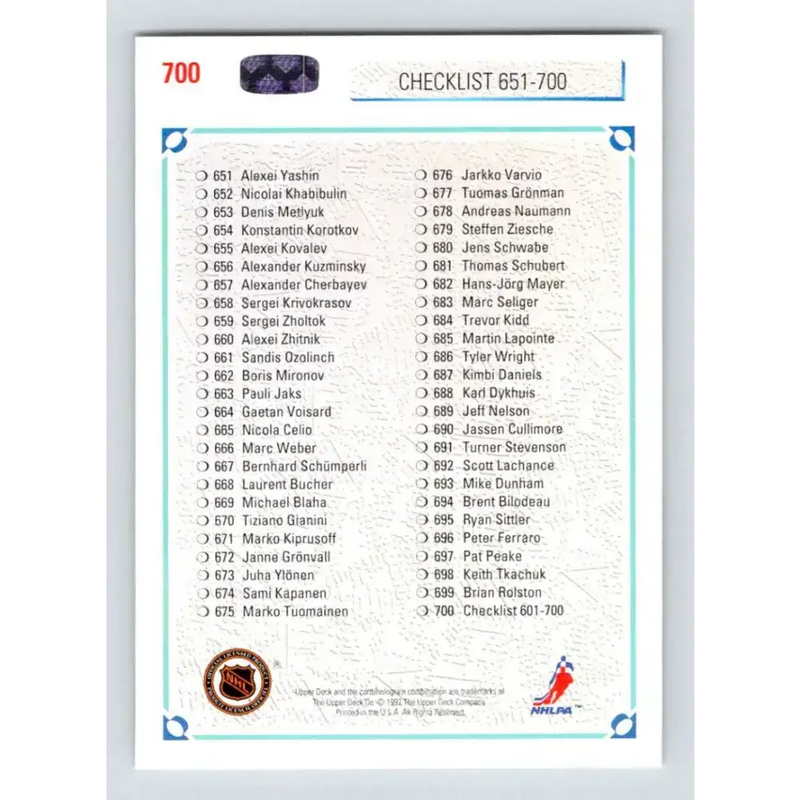 1991-92 Upper Deck #700 Checklist 601-700 NM-MT Hockey Card - Hockey Card Single