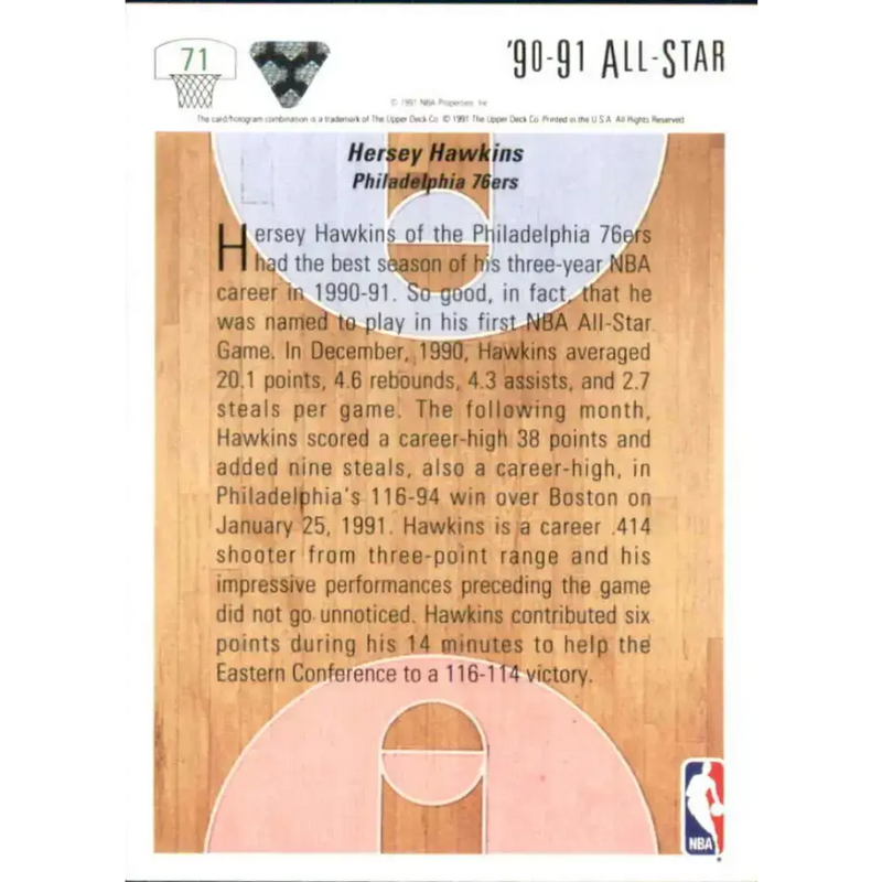 1991-92 Upper Deck #71 Hersey Hawkins AS NM-MT Philadelphia 76ers Basketball Card - Basketball Card Single
