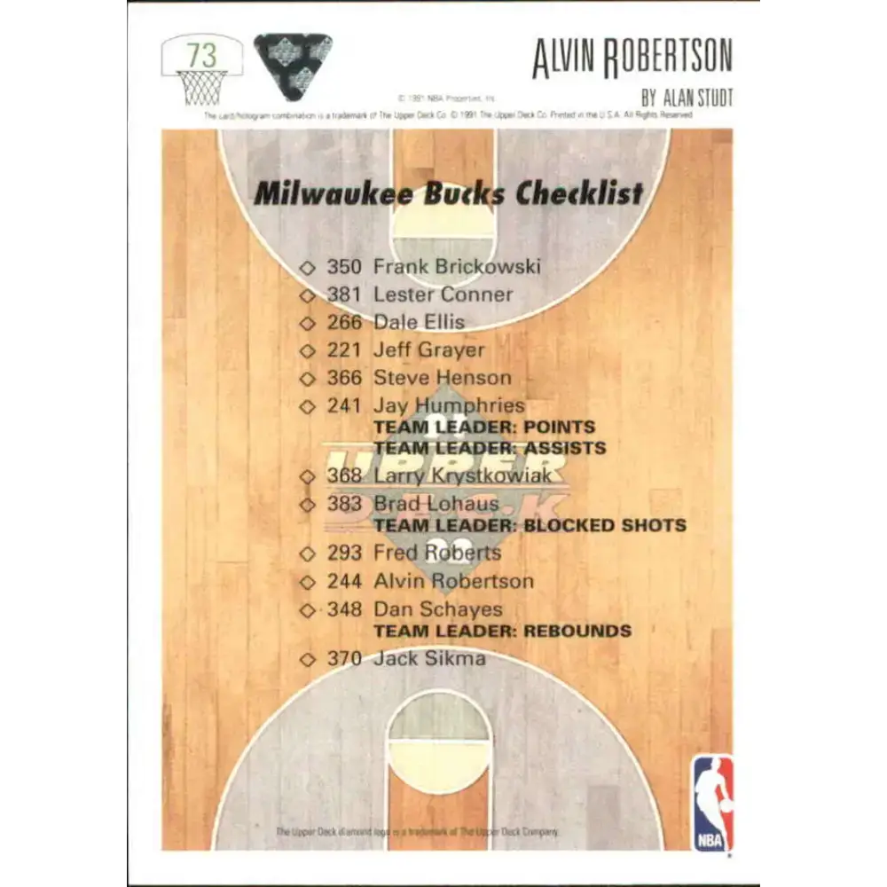 1991-92 Upper Deck #73 Alvin Robertson TC NM-MT Milwaukee Bucks Basketball Card - Basketball Card Single