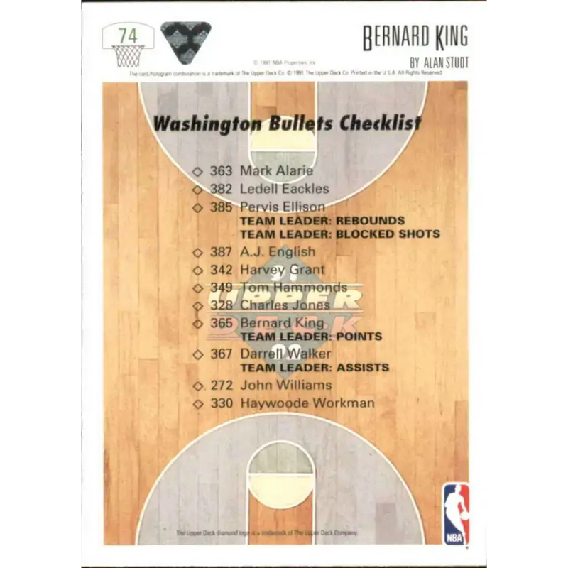 1991-92 Upper Deck #74 Bernard King TC NM-MT Washington Bullets Basketball Card - Basketball Card Single