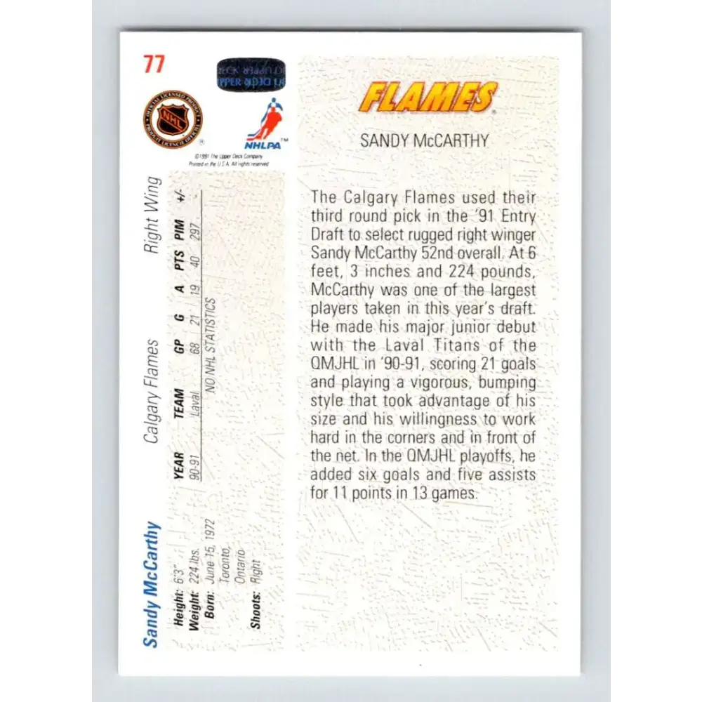 1991-92 Upper Deck #77 Sandy McCarthy NM-MT RC Rookie Hockey Card - Hockey Card Single
