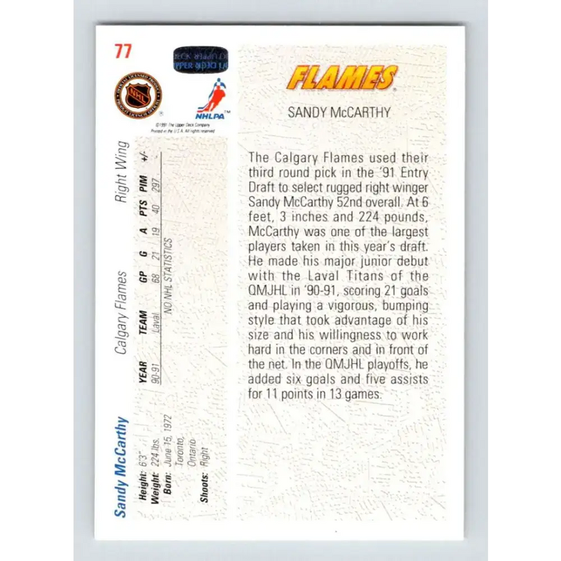 1991-92 Upper Deck #77 Sandy McCarthy NM-MT RC Rookie Hockey Card - Hockey Card Single