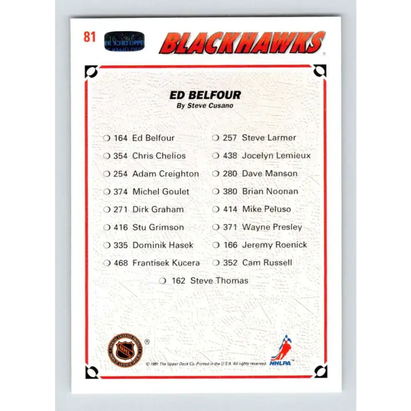 1991-92 Upper Deck #81 Ed Belfour TC NM-MT Chicago Blackhawks Hockey Card - Hockey Card Single
