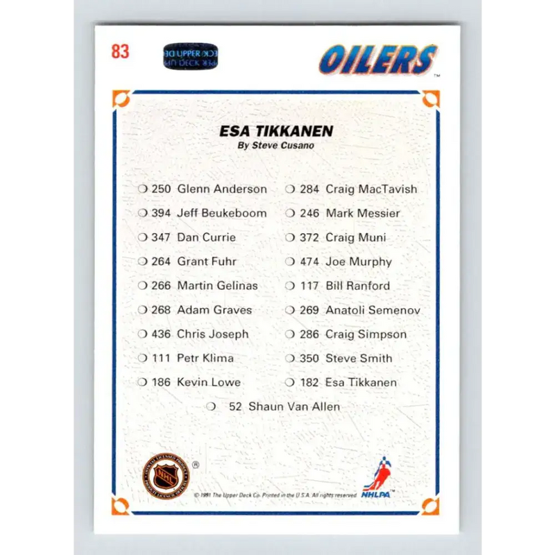 1991-92 Upper Deck #83 Esa Tikkanen NM-MT Edmonton Oilers Hockey Card - Hockey Card Single