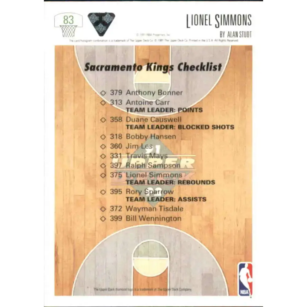1991-92 Upper Deck #83 Lionel Simmons TC NM-MT Sacramento Kings Basketball Card - Basketball Card Single