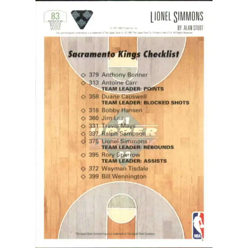 1991-92 Upper Deck #83 Lionel Simmons TC NM-MT Sacramento Kings Basketball Card - Basketball Card Single