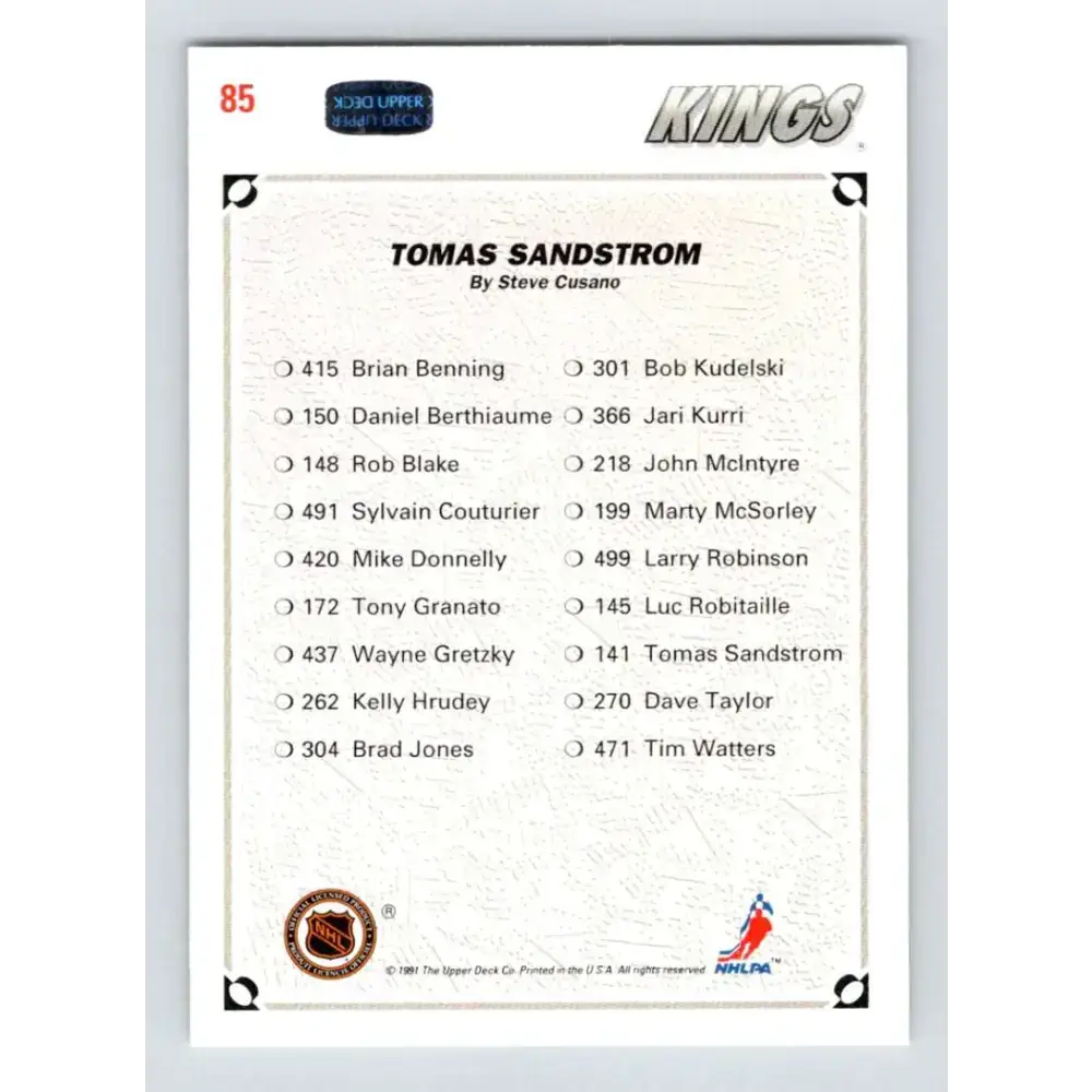 1991-92 Upper Deck #85 Tomas Sandstrom NM-MT Los Angeles Kings Hockey Card - Hockey Card Single