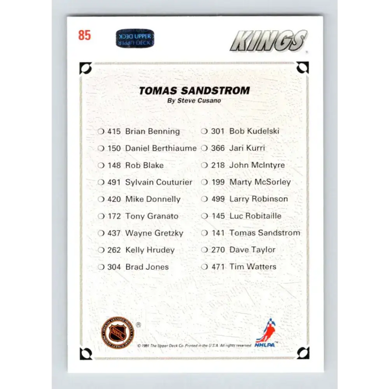 1991-92 Upper Deck #85 Tomas Sandstrom NM-MT Los Angeles Kings Hockey Card - Hockey Card Single