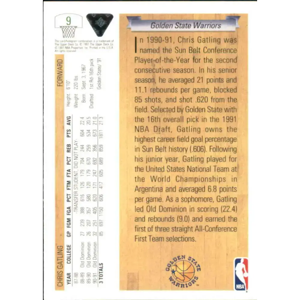 1991-92 Upper Deck #9 Chris Gatling NM-MT RC Rookie Golden State Warriors Basketball Card - Basketball Card Single