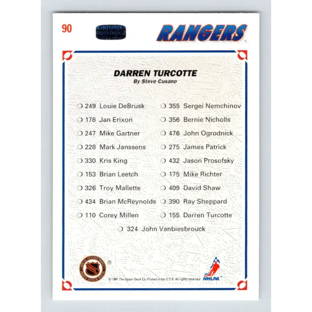 1991-92 Upper Deck #90 Darren Turcotte NM-MT New York Rangers Hockey Card - Hockey Card Single