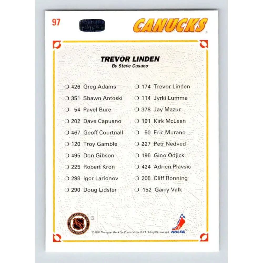 1991-92 Upper Deck #97 Trevor Linden TC NM-MT Vancouver Canucks Hockey Card - Hockey Card Single