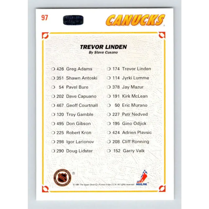 1991-92 Upper Deck #97 Trevor Linden TC NM-MT Vancouver Canucks Hockey Card - Hockey Card Single