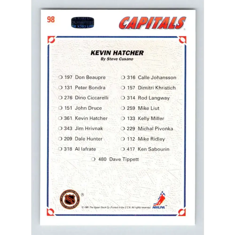 1991-92 Upper Deck #98 Kevin Hatcher NM-MT Washington Capitals Hockey Card - Hockey Card Single