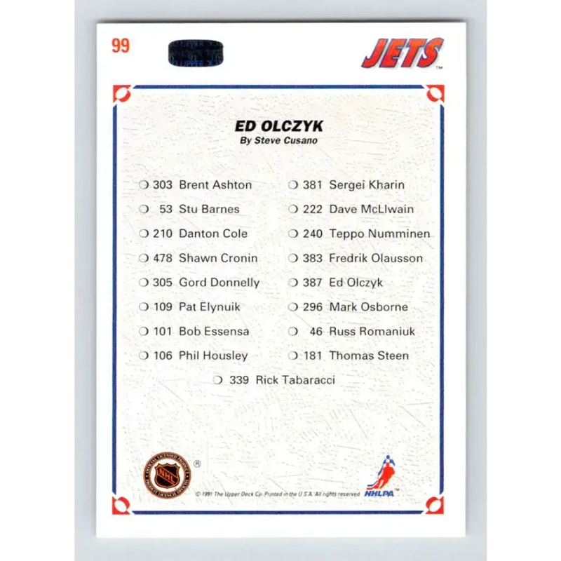 1991-92 Upper Deck #99 Ed Olczyk NM-MT Winnipeg Jets Hockey Card - Hockey Card Single