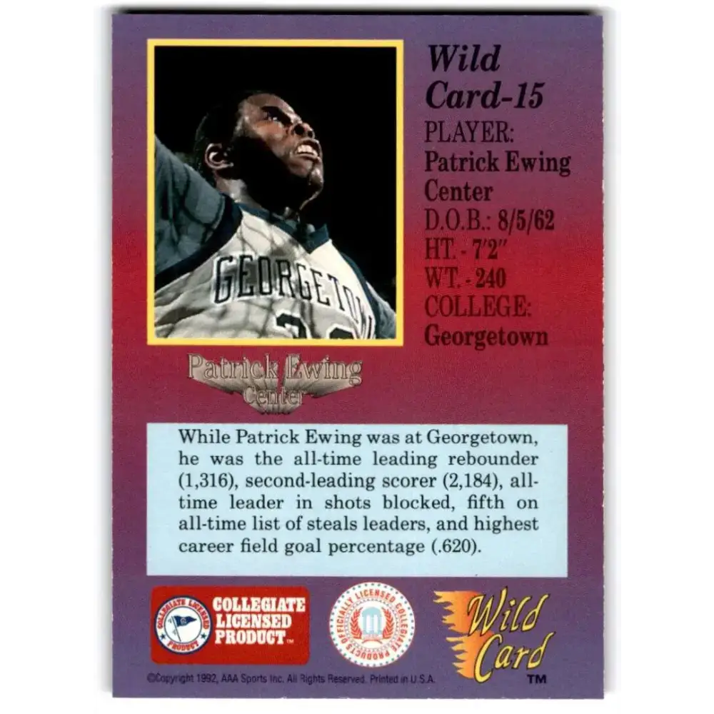 1991-92 Wild Card #15 Patrick Ewing NM-MT Georgetown Hoyas Basketball Card - Basketball Card Single