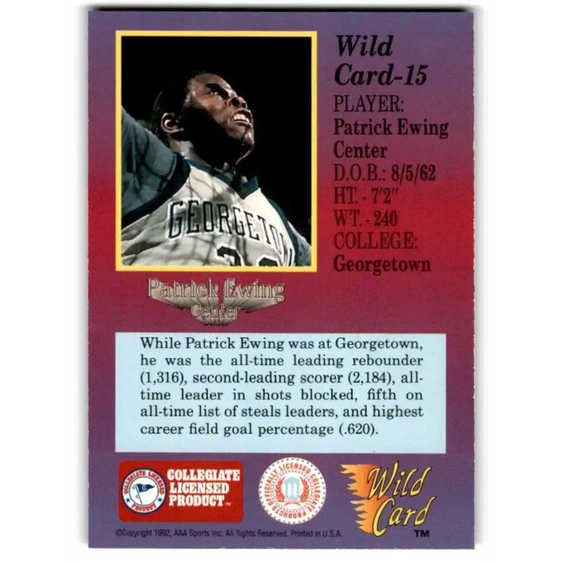 1991-92 Wild Card #15 Patrick Ewing NM-MT Georgetown Hoyas Basketball Card - Basketball Card Single