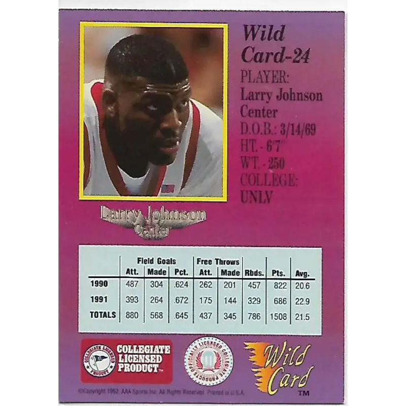 1991-92 Wild Card #24 Larry Johnson NM-MT UNLV Runnin’ Rebels Basketball Card - Basketball Card Single