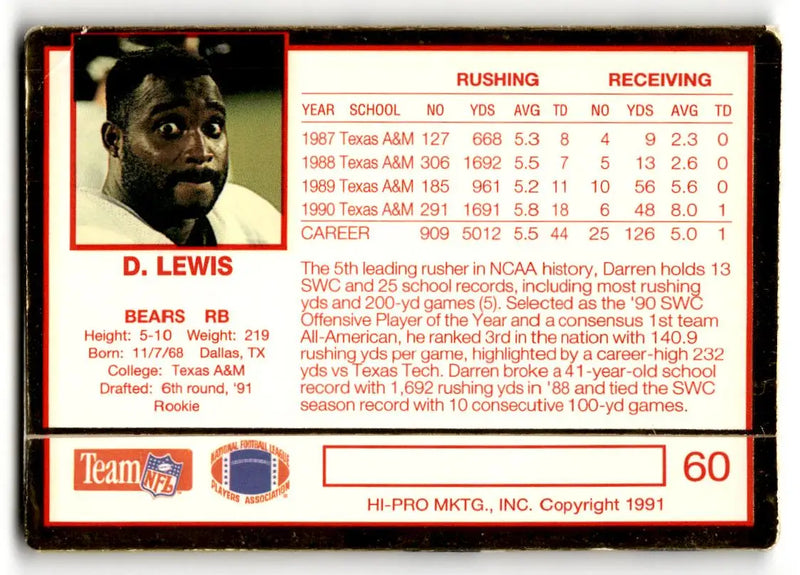 1991 Action Packed Rookie/Update #60 Darren Lewis - Football Card Single