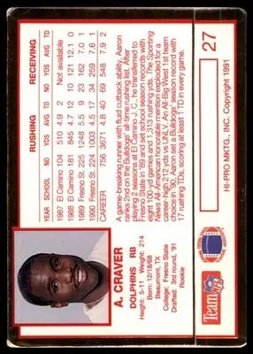 1991 Action Packed Rookie/Update Aaron Craver RC 27 Miami Dolphins