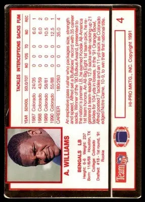 1991 Action Packed Rookie/Update Alfred Williams RC 4 Cincinnati Bengals
